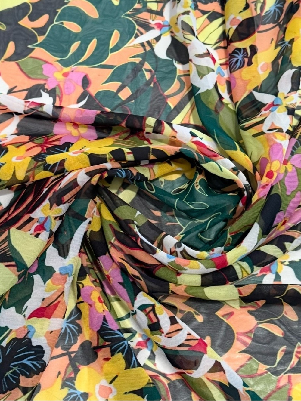 Yellow Green And Pink Multicolor Floral Tropical Print  Chiffon Sheer Fabric
